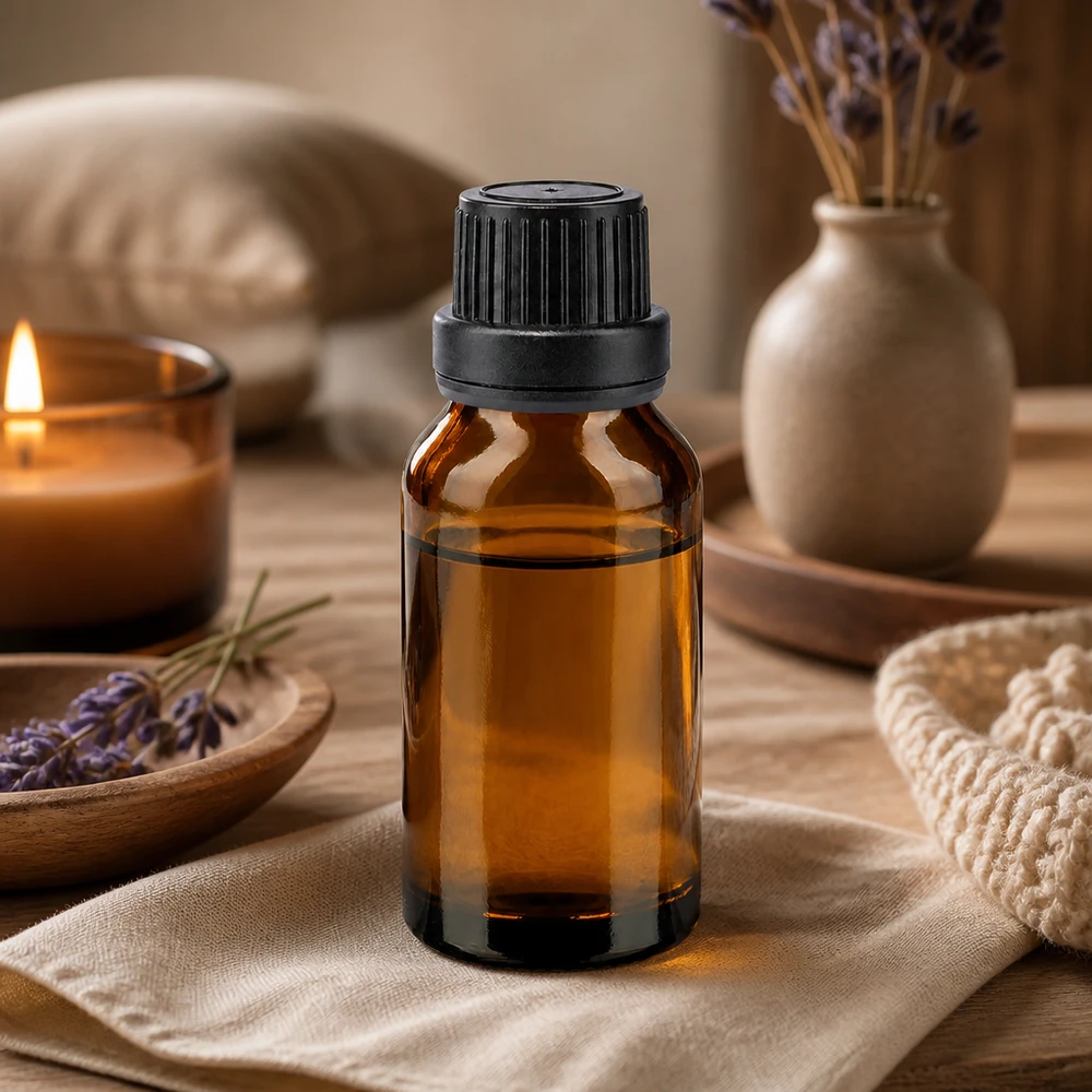 Garrafa de vidro castanha de 30 ml com tampa de rosca preta, sobre um pano de linho, ao lado de flores de lavanda