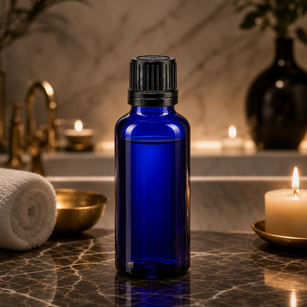Frasco de farmácia azul 30ml tampa de rosca preta anel de vazamento fecho inviolável Frasco de farmácia azul cobalto de 30 ml com tampa de rosca original sobre mármore escuro num ambiente de spa