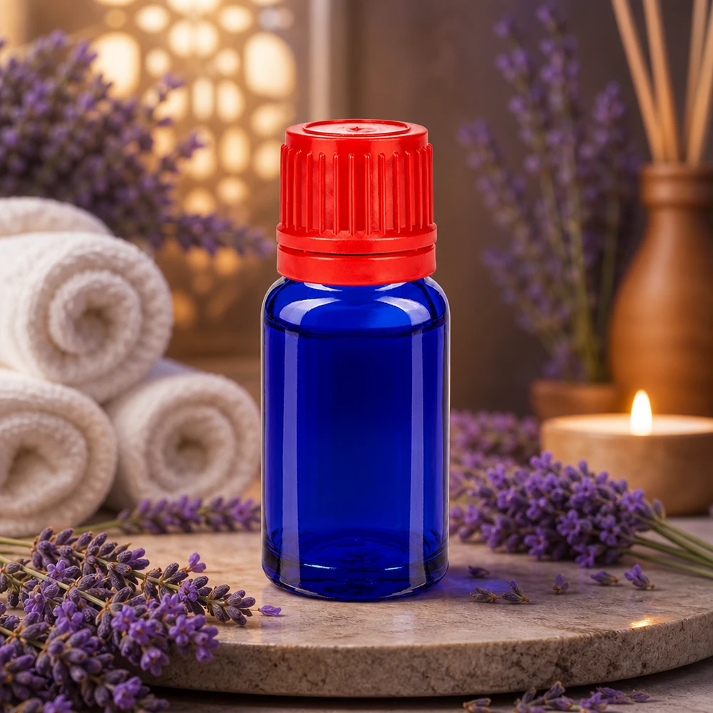 Frasco de 10ml 11mm tampa de rosca vermelha inviolável BlueLine UT18/10 Pequeno frasco de aromaterapia de 10 ml azul com tampa vermelha para óleo de lavanda e bem-estar