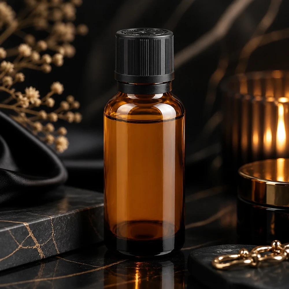 Frasco de farmácia castanho 20ml tampa do conta-gotas anel de vazamento 1mm preto fecho de segurança para crianças símbolo de aviso cego fecho inviolável Frasco de farmácia de vidro castanho de 20 ml com conta-gotas de 1 mm sobre mármore preto, numa apresentação elegante
