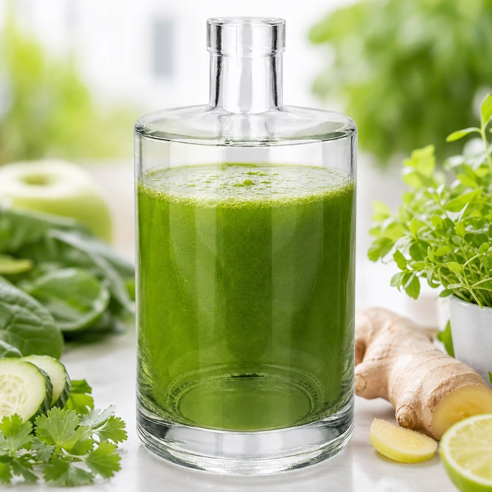 700ml Glasflasche "Galileo" ohne Verschluss UNiTWIST® Garrafa de vidro de 700 ml Marie cheia de batido verde ao lado de pepino, gengibre e ervas num fundo claro