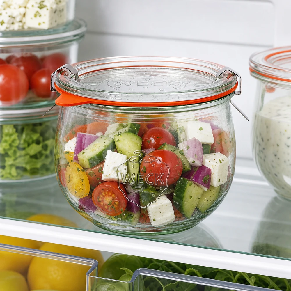 Frasco tulipa WECK 580ml RR100 com salada colorida no frigorífico, armazenamento prático de ingredientes frescos para preparação de refeições