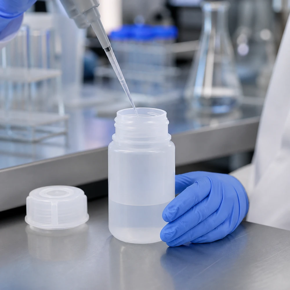 Frasco de laboratório de 50ml com gargalo largo e tampa de rosca Frasco de laboratório de 50 ml, de gargalo largo e com tampa de rosca, para um enchimento preciso com pipeta em laboratório