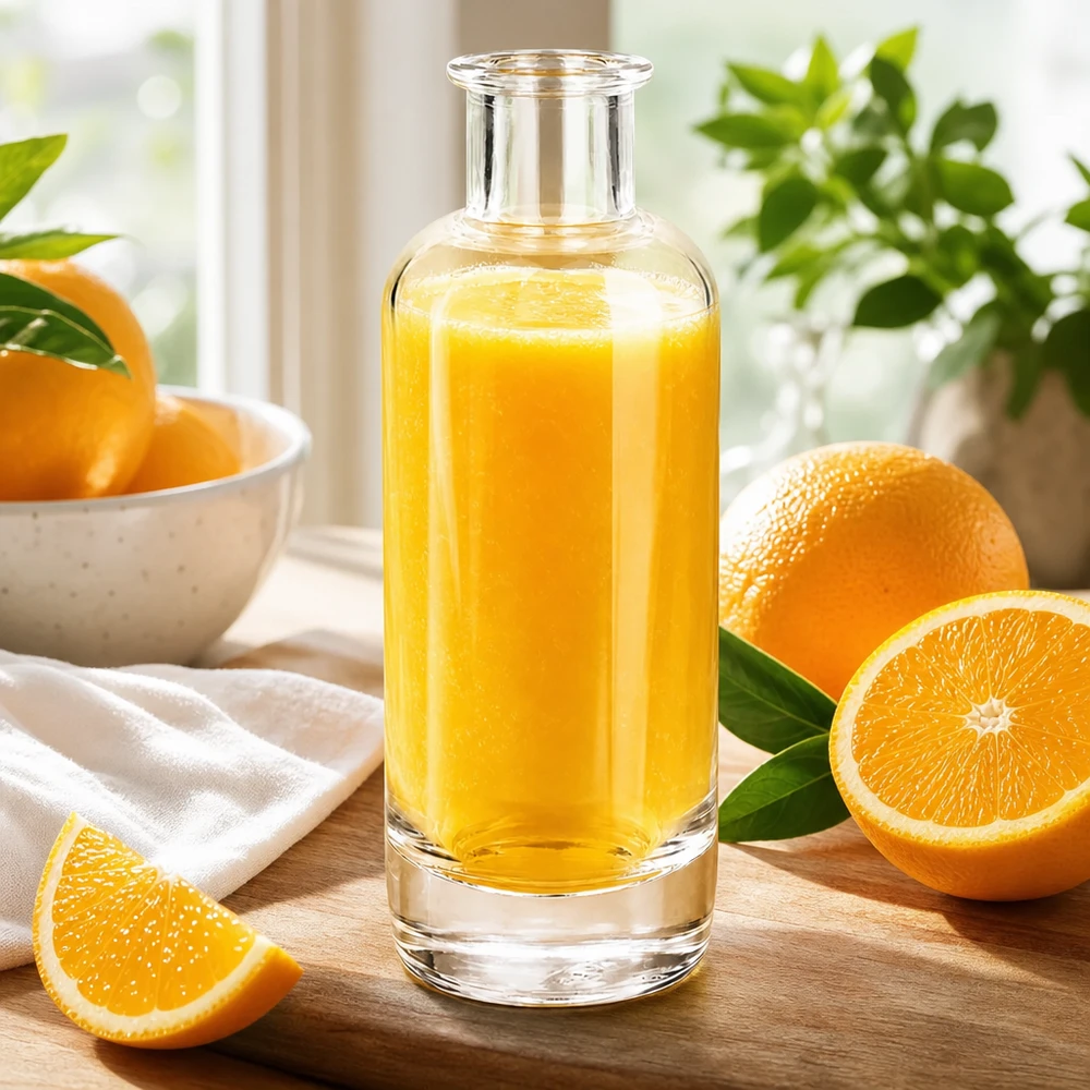 A garrafa de vidro de 200 ml Ella cheia de sumo de laranja rodeada de laranjas frescas mostra a aplicação de bebidas de fruta natural