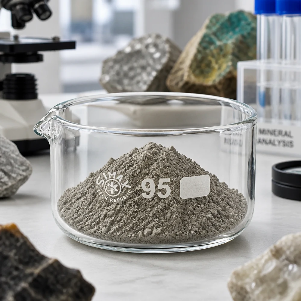 Bandeja de cristalização de 300 ml cheia de pó mineral cinzento para análise laboratorial, em vidro borossilicato, ø 95 mm