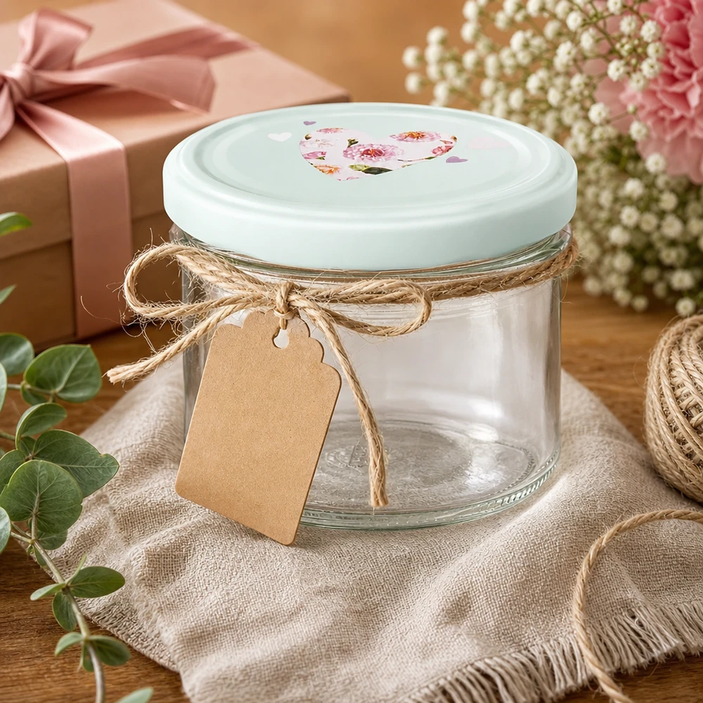 Copos de vidro de 225 ml + tampa BasicSeal coração menta UNiTWIST Copos de 225 ml com tampa em forma de coração BasicSeal para oferta, decorados com cordão de juta e pendente