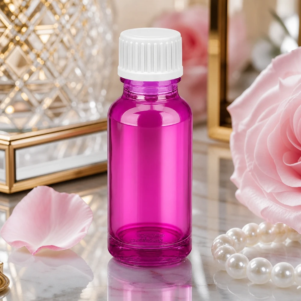 Frasco conta-gotas elegante de 20 ml em roxo brilhante com tampa de rosca branca para aromaterapia