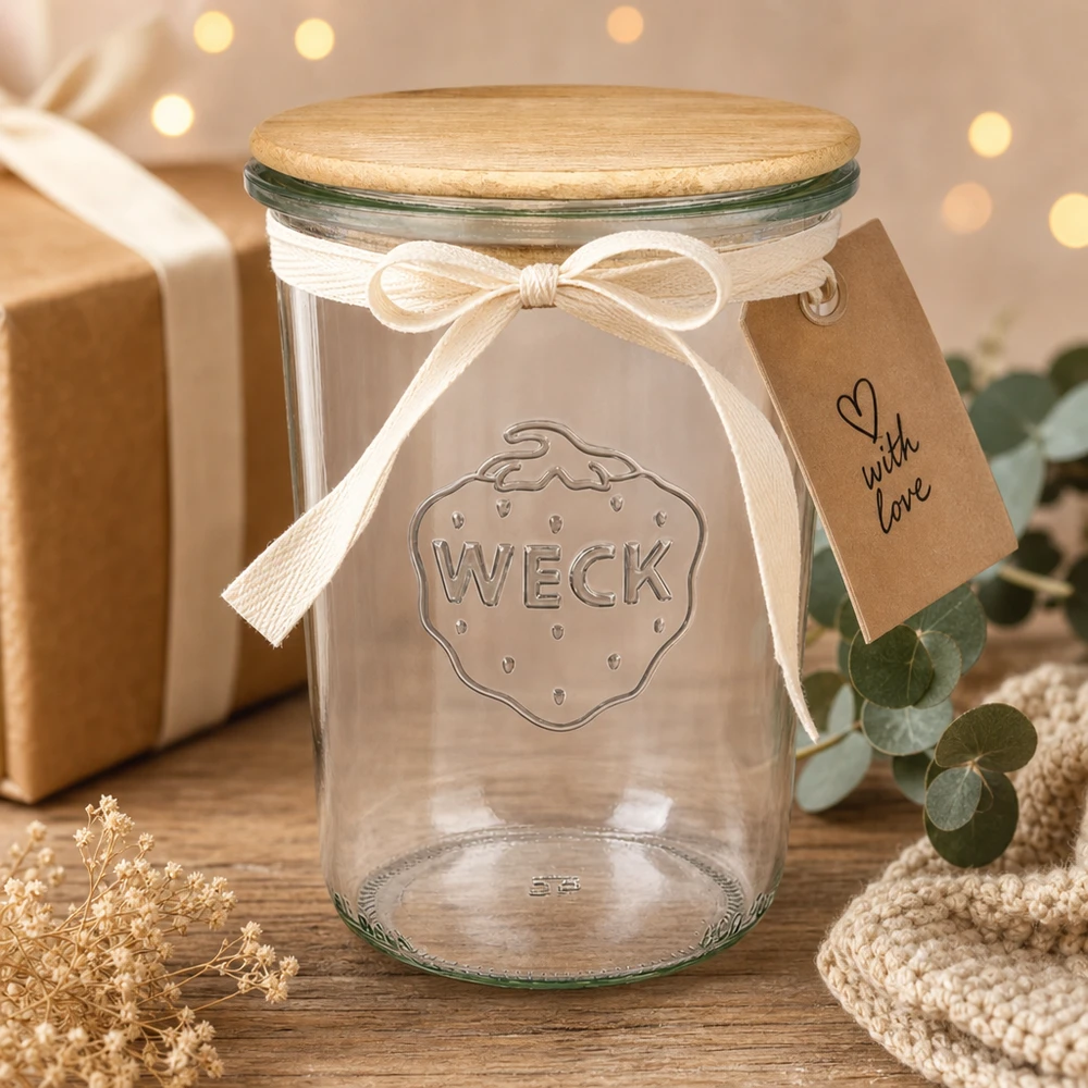 Copos de vidro WECK RR100 de 850ml com tampa de madeira Copos WECK 850ml RR100 com tampa de madeira Caixa de oferta com laço Decoração festiva Natal