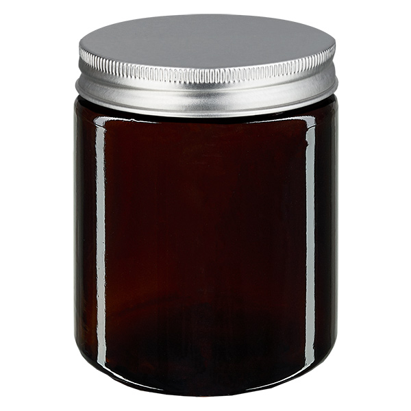 Frasco de vidro de 180ml, castanho, com tampa de metal prateado. ApoGlas