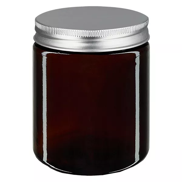 Frasco de vidro de 180ml, castanho, com tampa de metal prateado. ApoGlas Frasco de vidro de 180ml, castanho, com tampa de metal prateado. ApoGlas