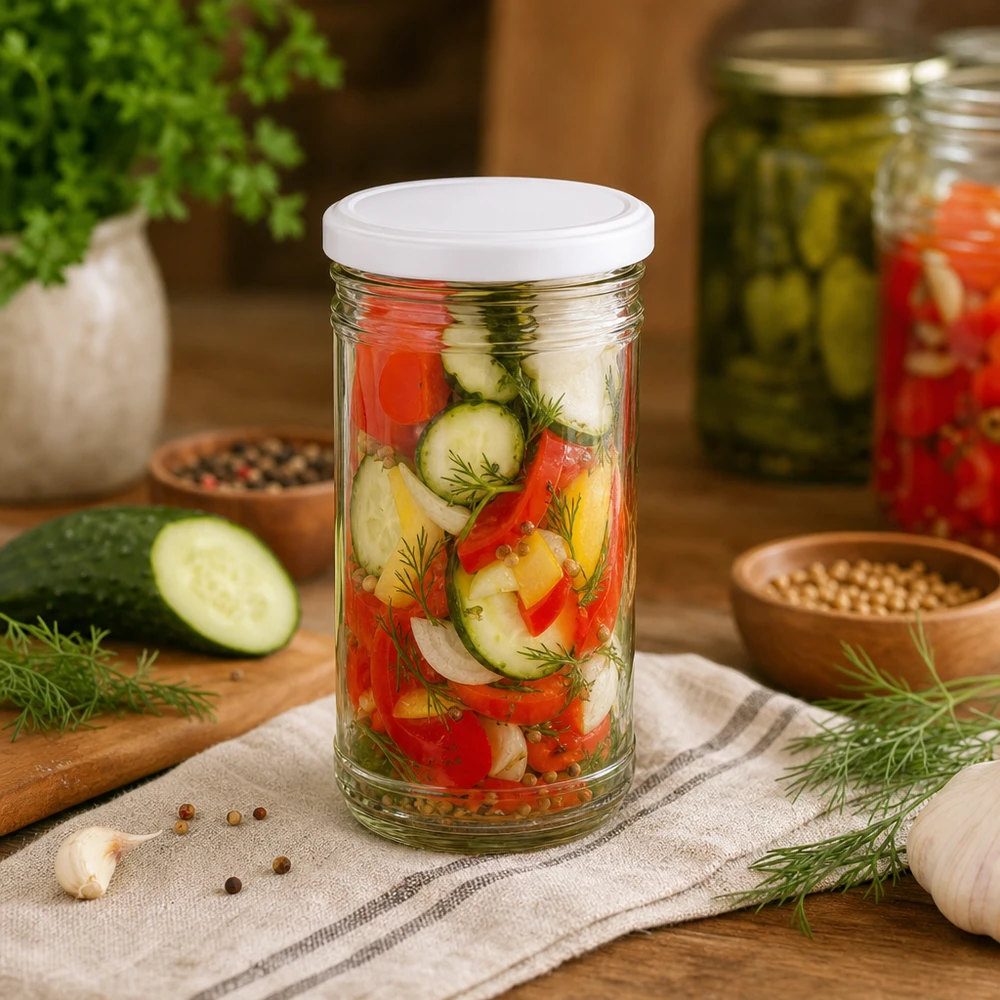 Copos de 1053 ml com mistura de legumes em conserva pepinos, pimentos, cebolas, endro mostra uma utilização versátil como frasco de conserva