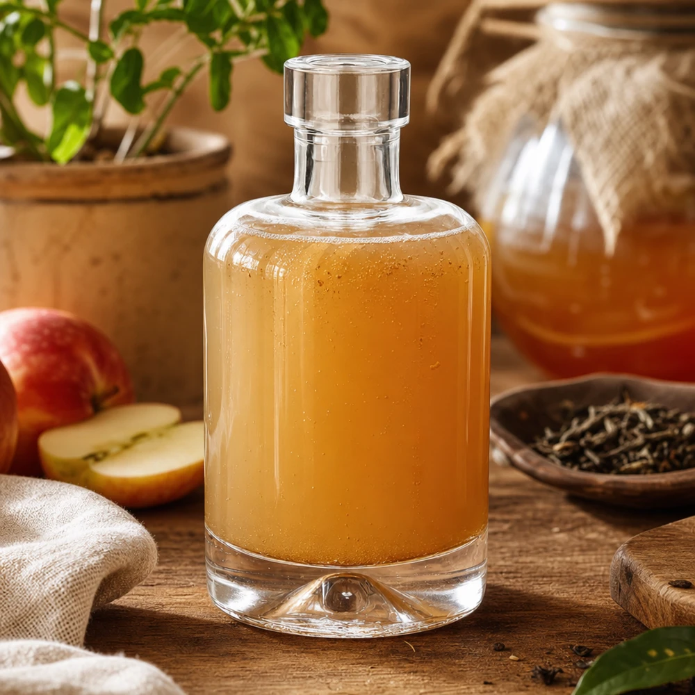 50ml Glasflasche "Attila" ohne Verschluss UNiTWIST® Garrafa de vidro de 50 ml de Amelie cheia de vinagre de cidra de maçã junto a fatias de maçã e especiarias mostra a utilização para vinagre e vinagrete