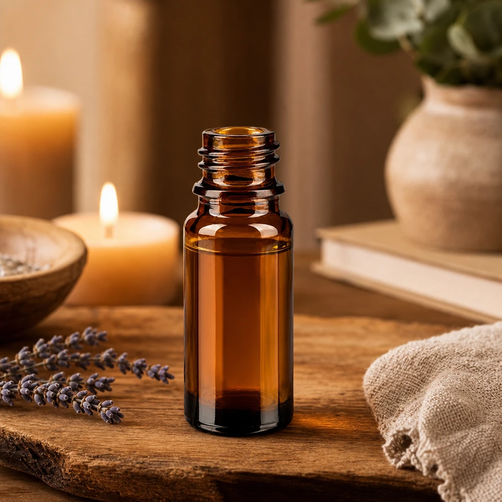 Frasco de farmácia castanho ApoGlas de 10 ml com velas de flor de lavanda e acessórios de aromaterapia num tabuleiro de madeira