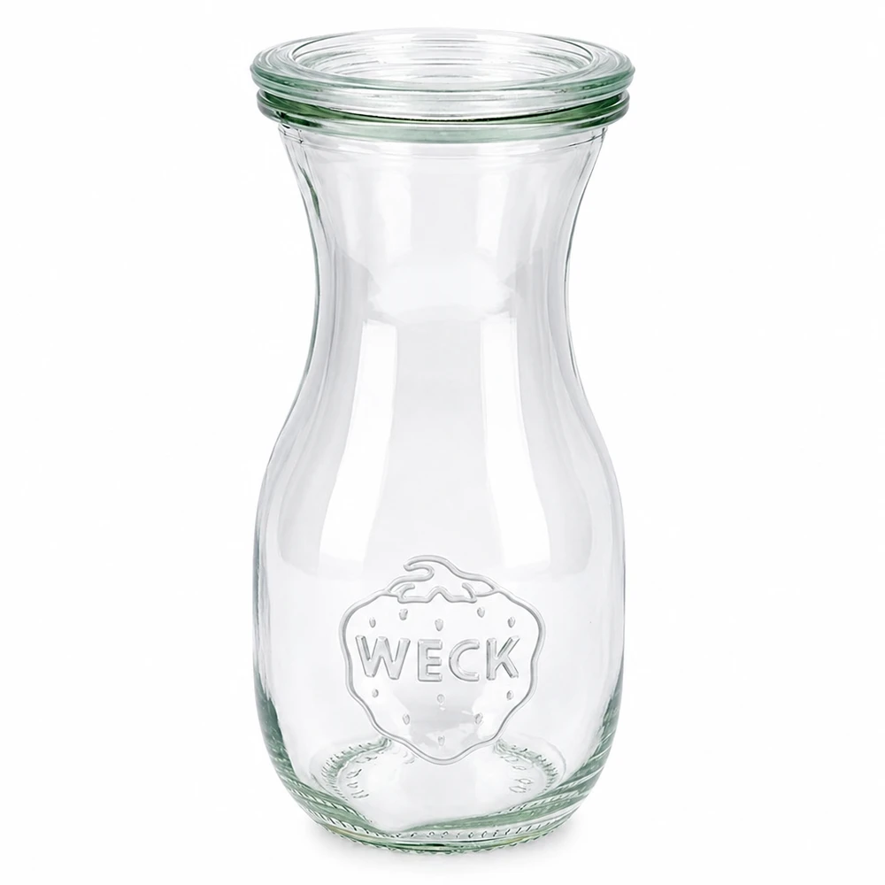 Garrafa de sumo WECK 290ml em vidro com tampa de vidro RR60 transparente com o logótipo Weck para sumos e bebidas