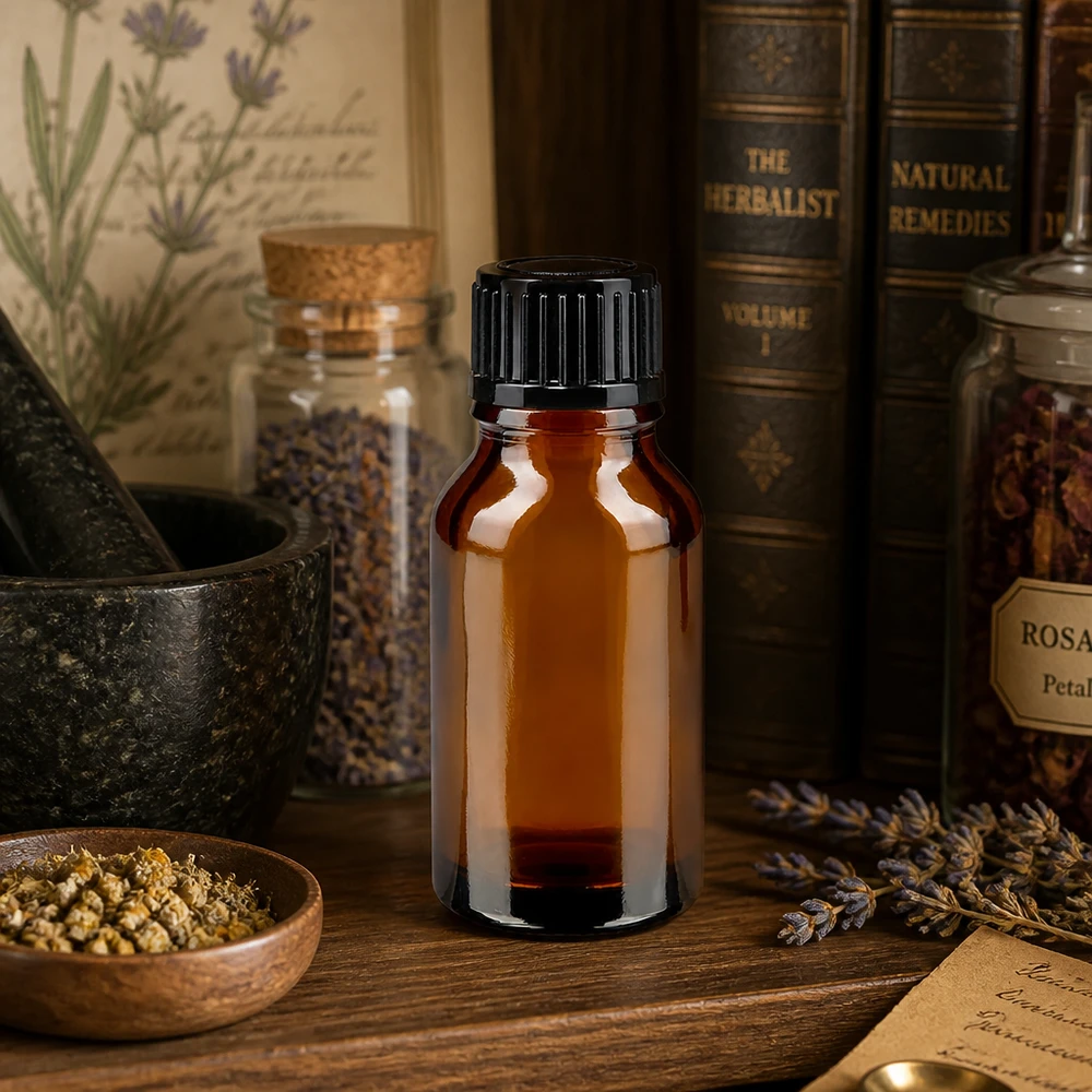 Frasco de farmácia castanho 15ml tampa conta-gotas 1mm preto standard Frasco opaco de 15 ml, castanho, com tampa conta-gotas, sobre uma mesa de madeira, entre ervas e livros