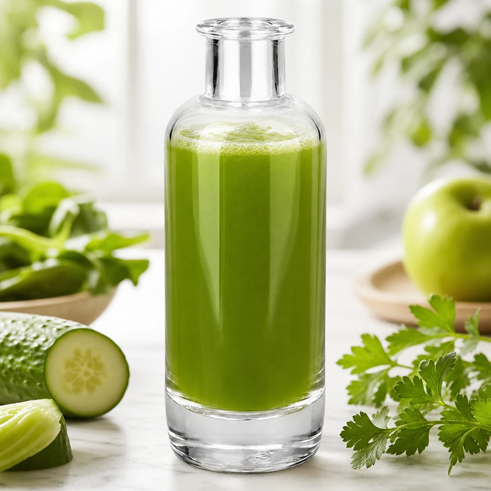 200ml Glasflasche "Ella" ohne Verschluss UNiTWIST Frasco de farmácia de 200 ml Ella cheio de batido verde mostra aplicação para bebidas e cosméticos