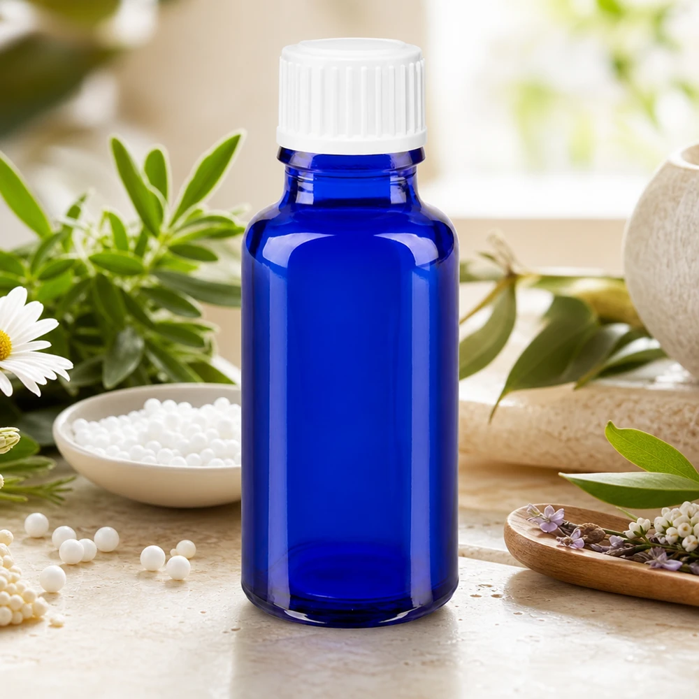 Frasco de farmácia azul 20ml tampa de rosca branco globules standard Pequeno frasco de glóbulos de 20 ml, em vidro de farmácia azul cobalto, com tampa branca padrão