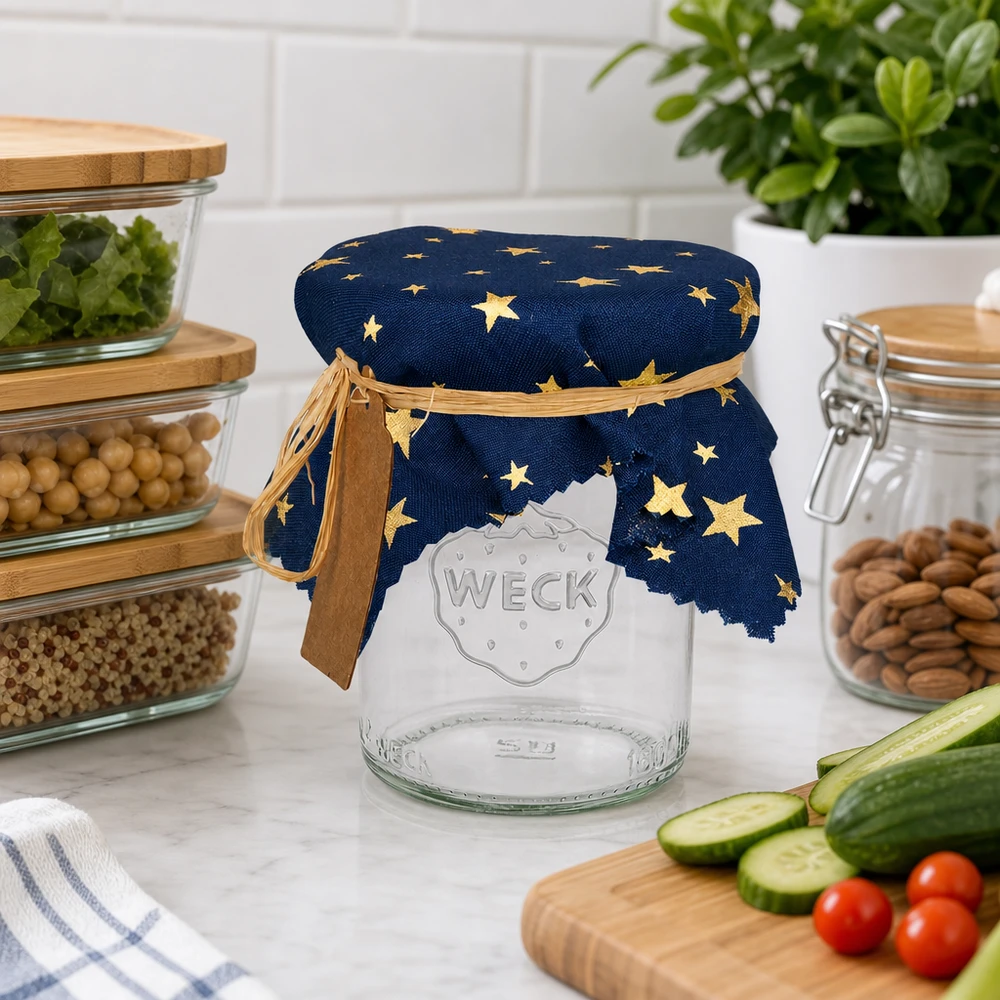 Guardanapo de tecido com decoração de estrelas no frasco de arrumação ao lado dos utensílios de cozinha e dos legumes - guardanapo azul 15cm