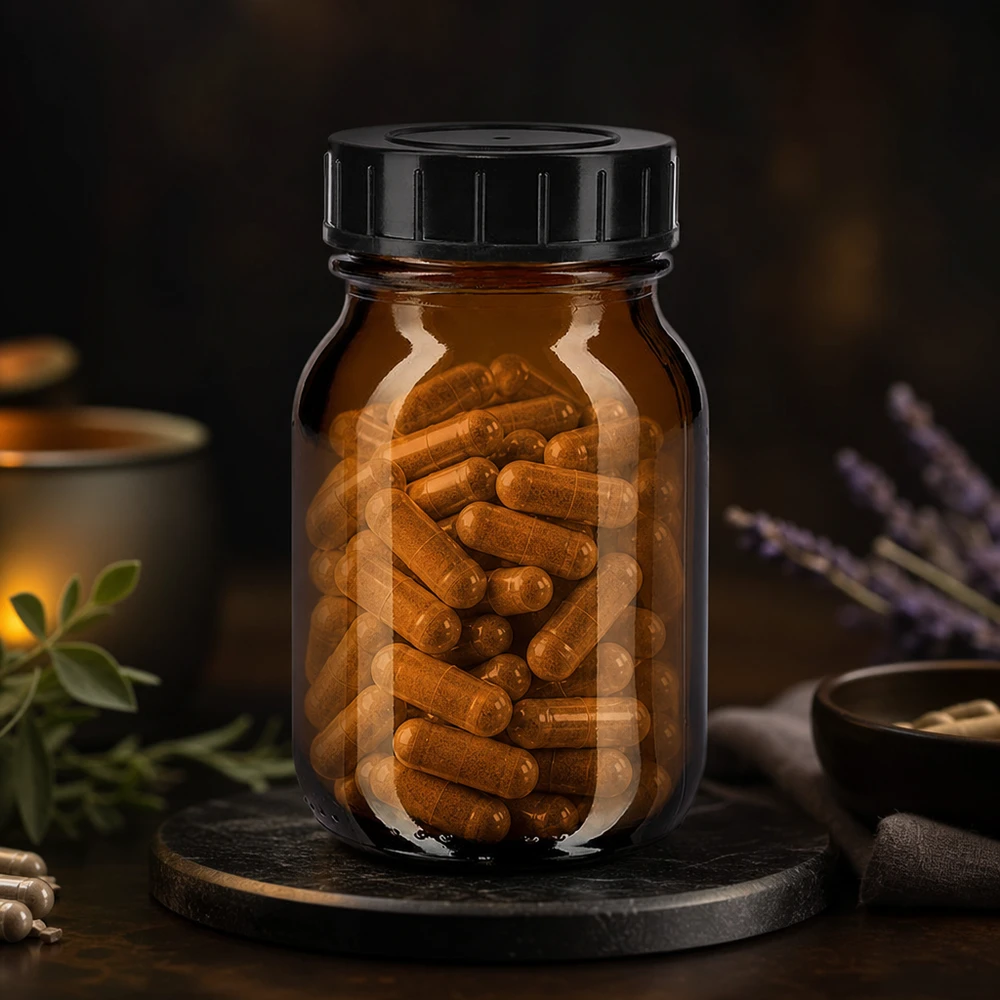 Frasco farmacêutico de 75 ml em vidro âmbar com proteção UV e tampa preta hermética