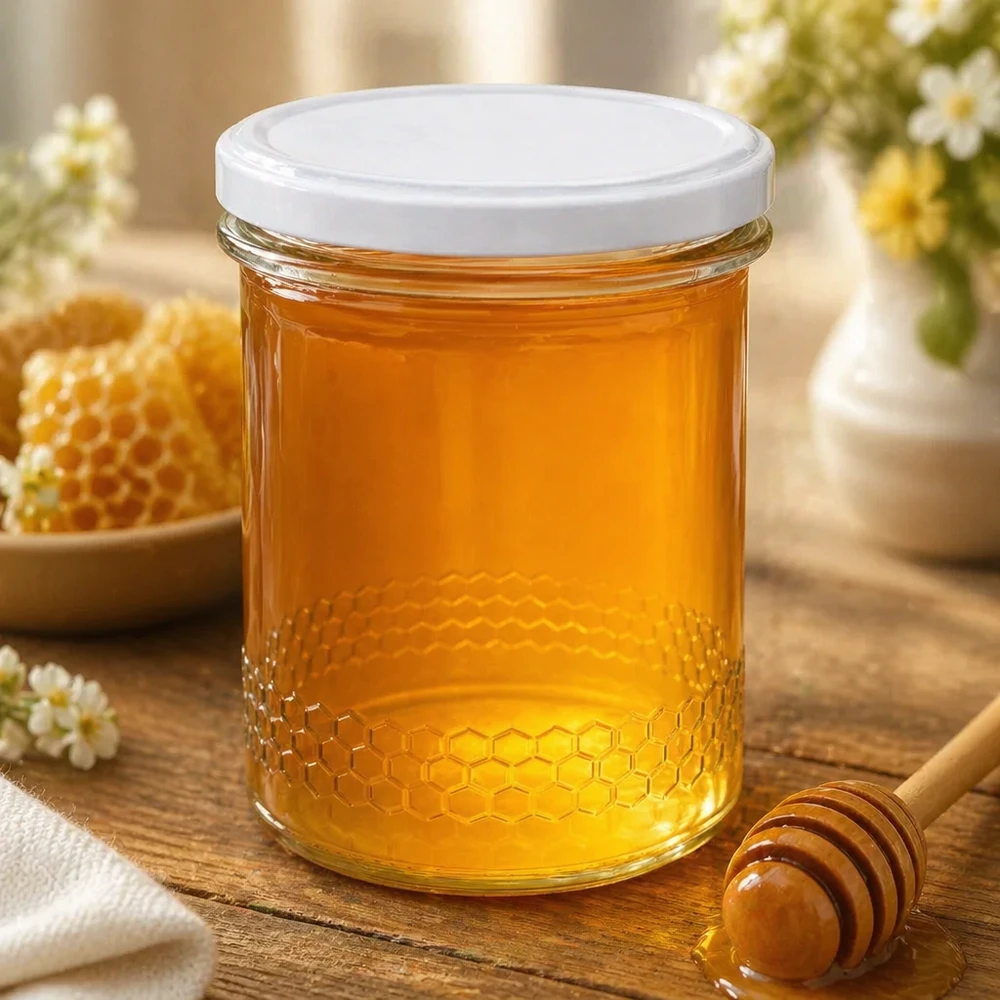 Frasco de mel de 400 ml cheio de mel dourado, ao lado de uma colher de mel e de um favo de mel Cenário de cozinha natural com padrão de favo de mel