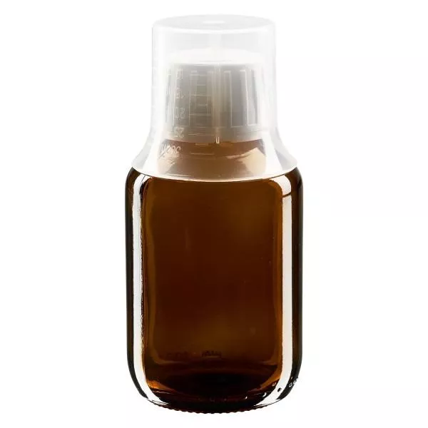 Frasco para medicamentos de 100ml castanho, tampa inviolável com copo doseador 30ml ApoGlas Frasco para medicamentos de 100ml castanho, tampa inviolável com copo doseador 30ml ApoGlas