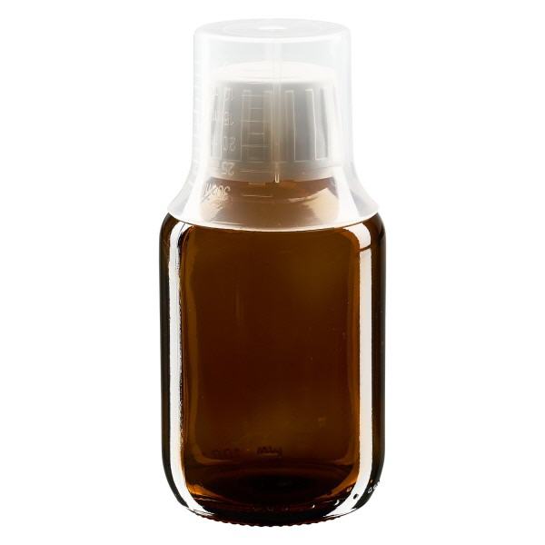 Frasco para medicamentos de 100ml castanho, tampa inviolável com copo doseador 30ml ApoGlas Frasco para medicamentos de 100ml castanho, tampa inviolável com copo doseador 30ml ApoGlas