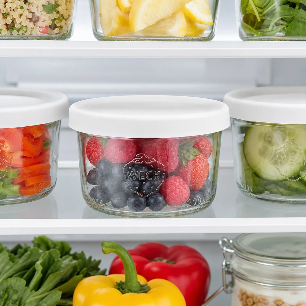 Frasco de vidro WECK 200ml RR80 com bagas no frigorífico tampa de silicone branca Frasco para conservar fruta e legumes
