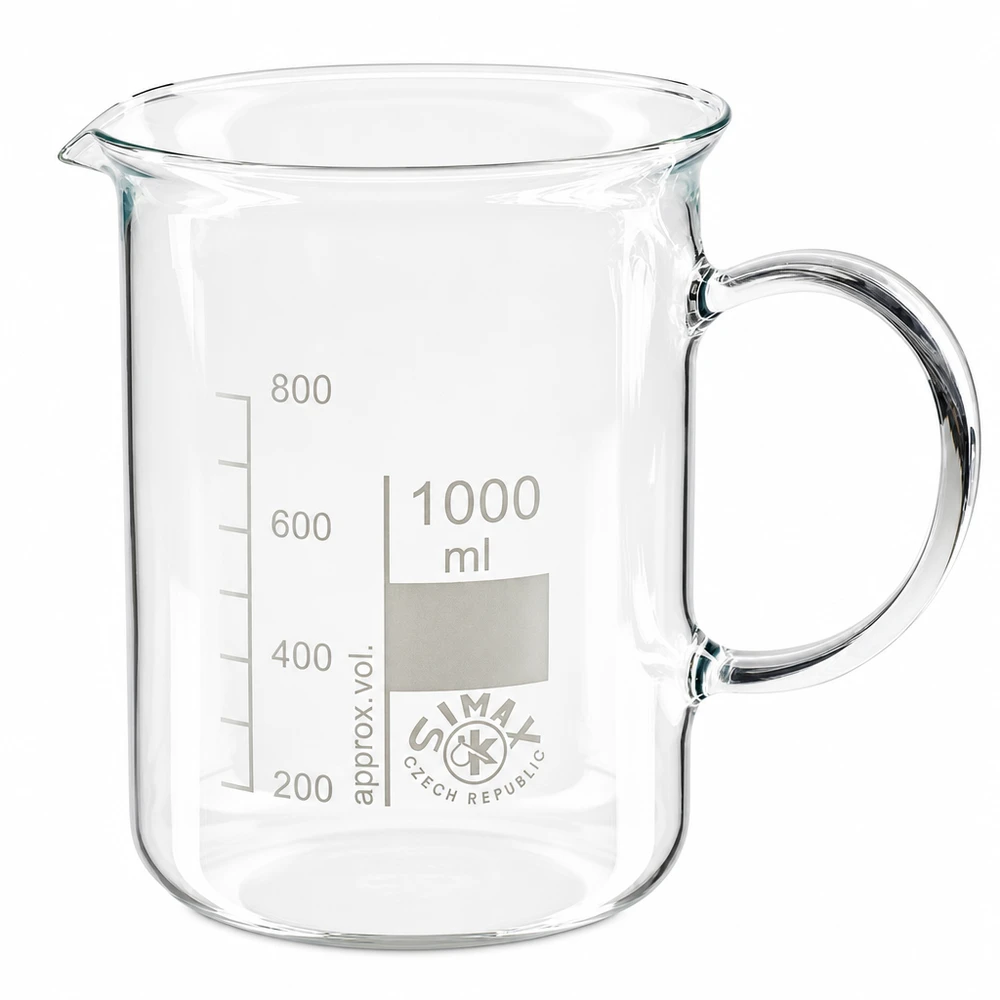Copo de laboratório de 1000 ml com alça, em vidro borossilicato transparente, da Simax Czech Republic