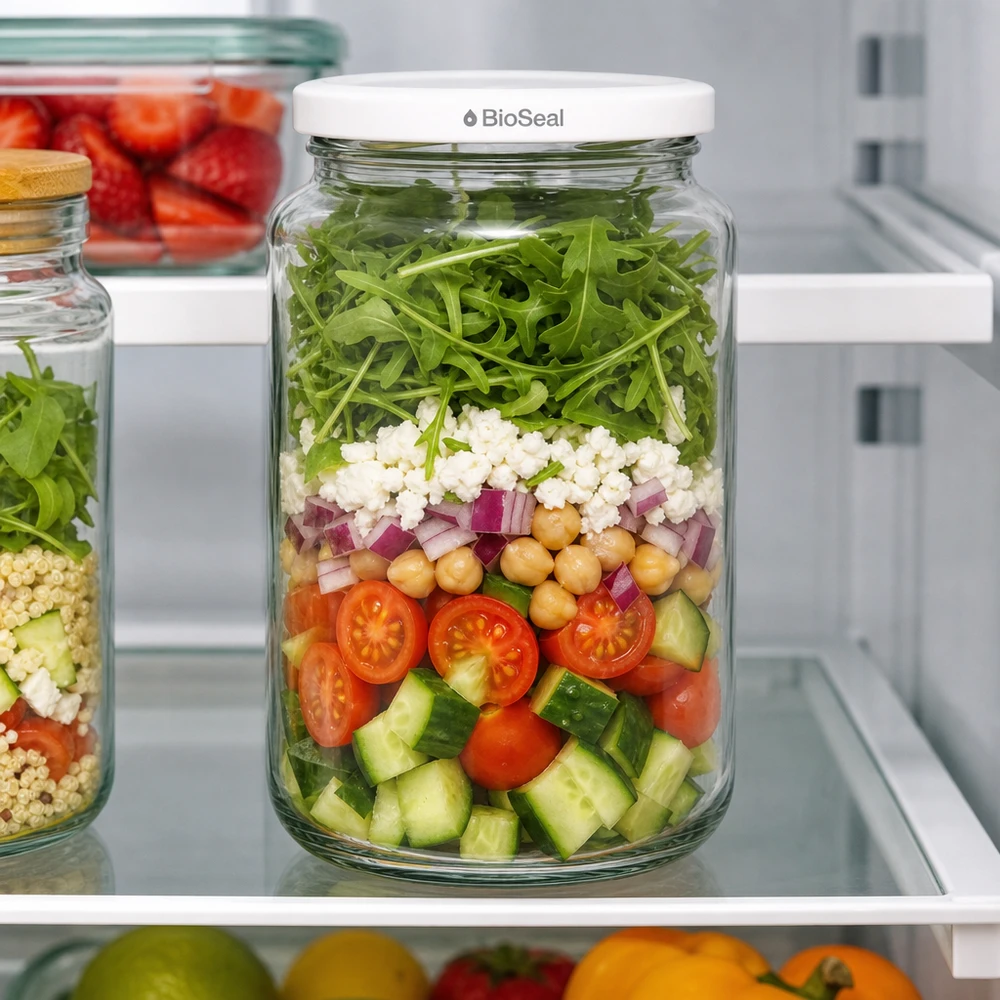 UNiTWIST Runda382 Salada em camadas no frigorífico - Frasco de preparação de refeições com legumes frescos e tampa BioSeal branca