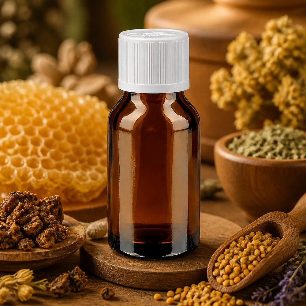Frasco de farmácia castanho de 30 ml com tampa de segurança para crianças, rodeado por um padrão de favo de mel e ervas medicinais