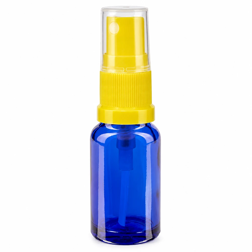 Frasco de vidro azul de 30 ml com pulverizador amarelo e tampa protetora transparente para farmácias