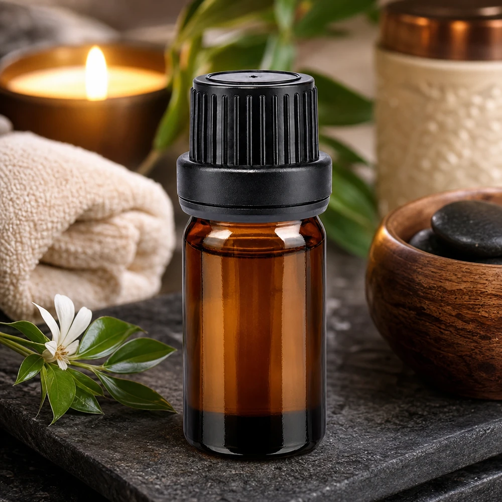 Frasco de vidro castanho de 5 ml com tampa preta de 11 mm, entre pedras de massagem e velas aromáticas