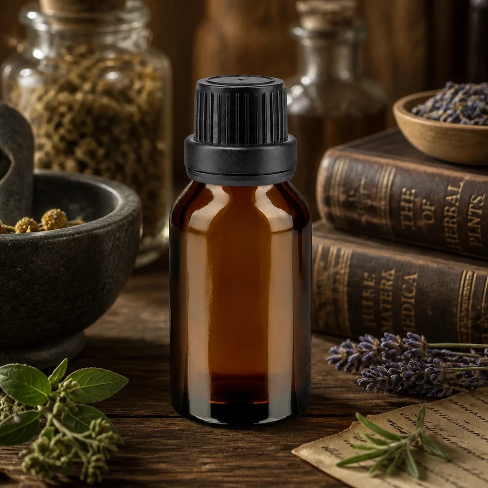Frasco de vidro castanho de 30 ml com tampa de rosca preta, entre ervas medicinais e antigos livros sobre ervas