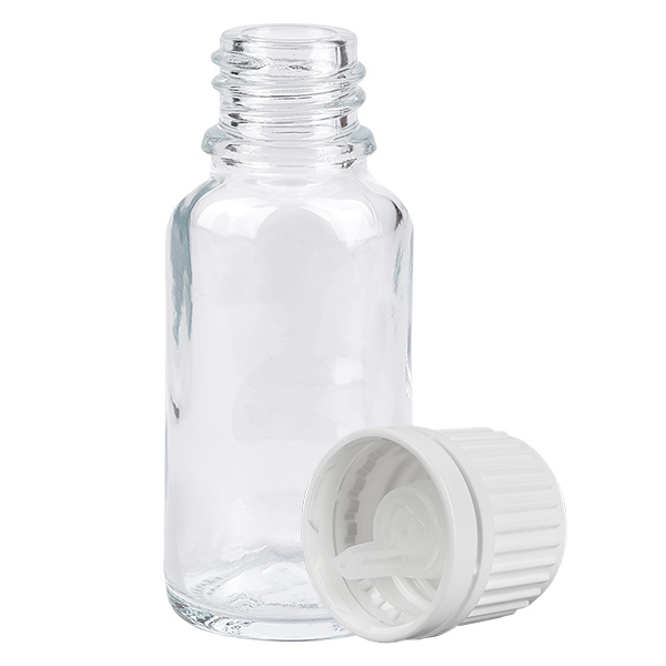 Frasco conta-gotas de 20 ml com tampa inviolável branca de 0,7 mm ClearLine UT18/20 Frasco conta-gotas de 20 ml com tampa inviolável branca de 0,7 mm ClearLine UT18/20