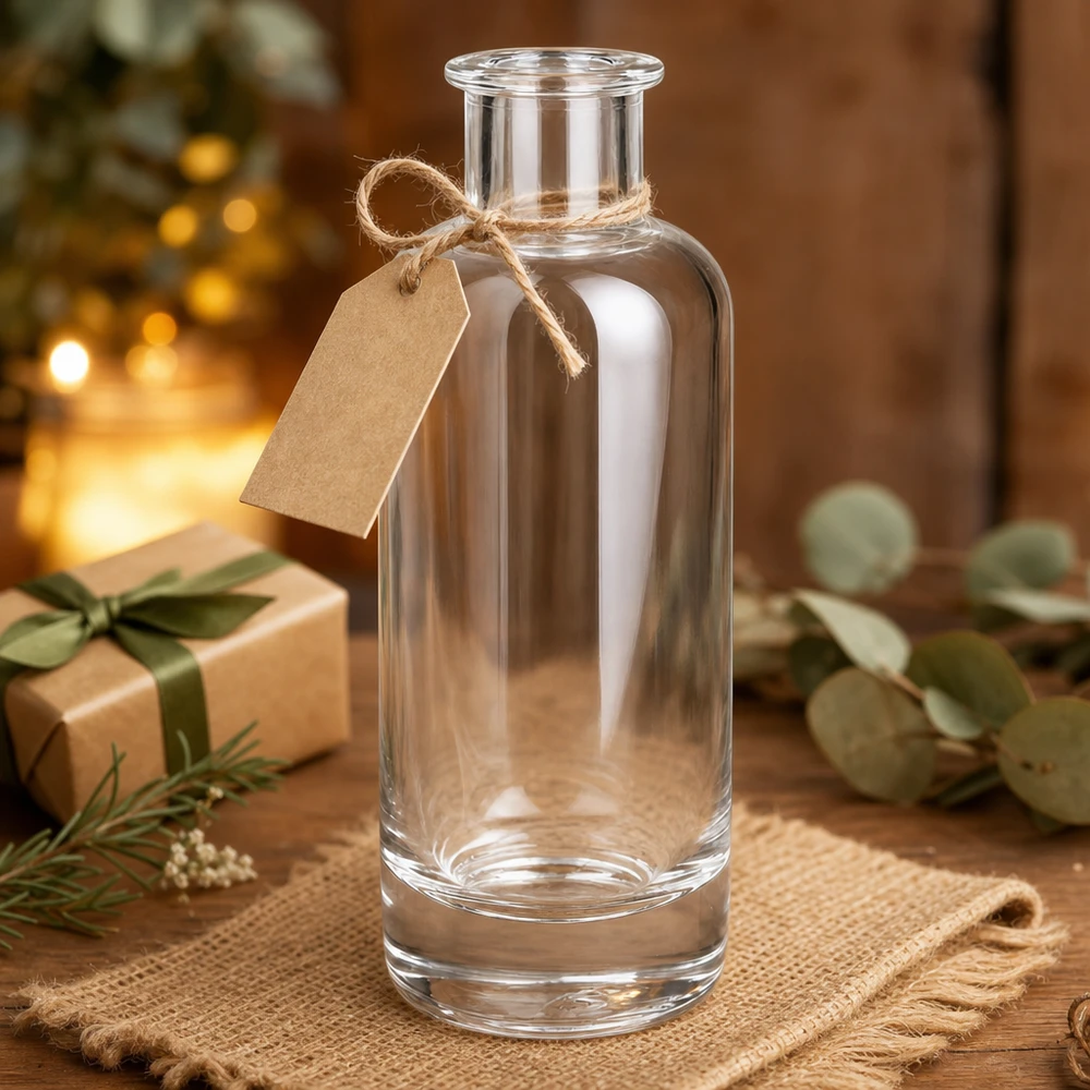 Garrafa de vidro de 200 ml Ella vazia com etiqueta de presente e fita de juta como presente de Natal decorado em madeira