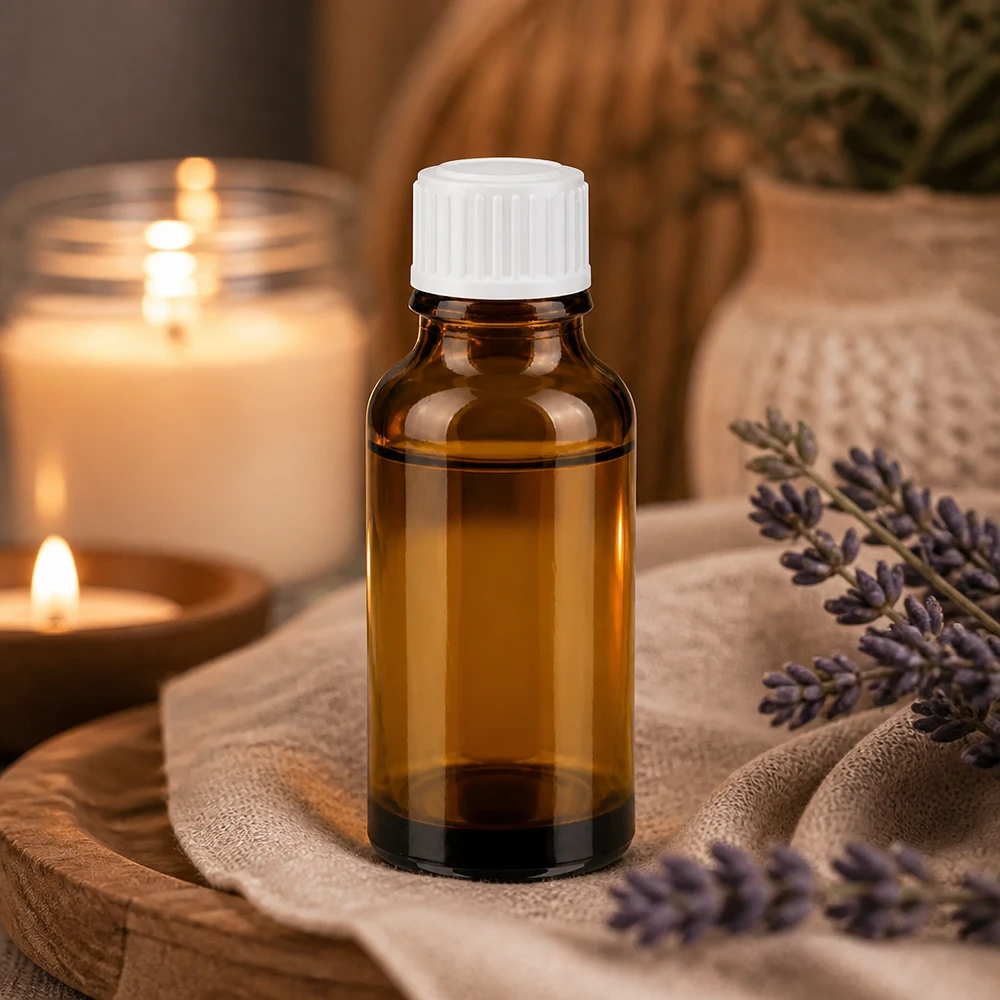 Frasco de vidro de 20 ml na cor âmbar com tampa conta-gotas branca, sobre uma bandeja de madeira com lavanda