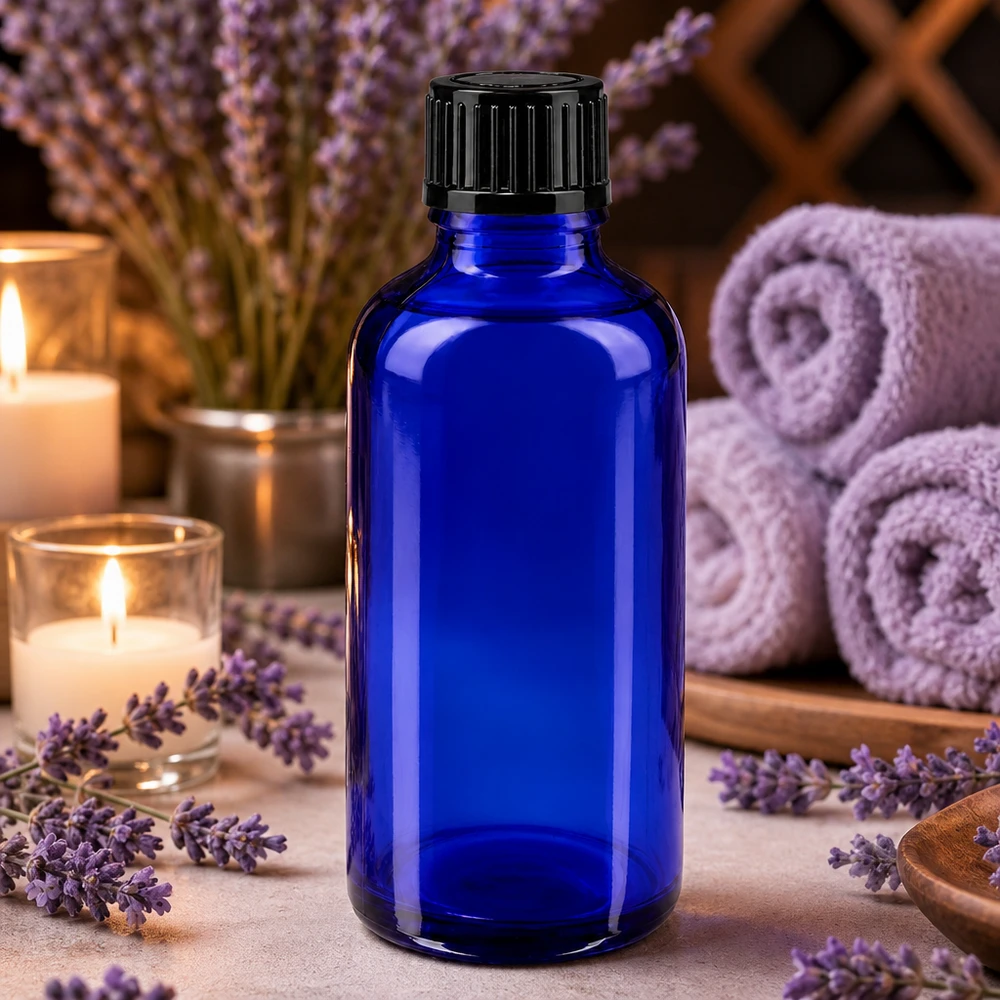 Frasco de farmácia azul 50ml tampa de rosca preto standard Garrafa de vidro azul de 50 ml com tampa preta, entre flores de lavanda e velas