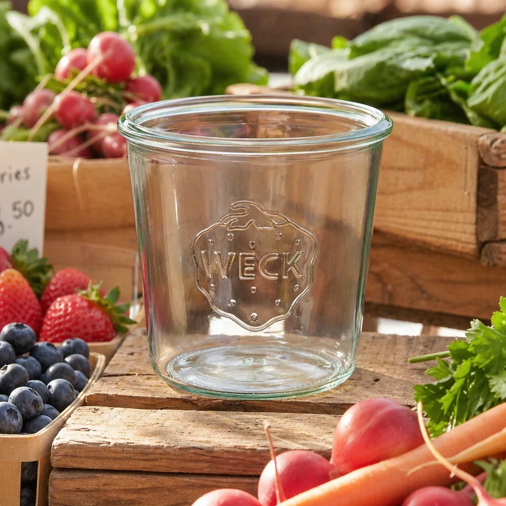 Frasco de conserva WECK RR100 de 580 ml sobre tábua de madeira com frutas e legumes frescos do mercado