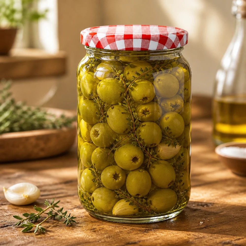 1062ml Rundglas BasicSeal Deckel mit eingelegten grünen Oliven und Kräutern auf Holztisch Einmachglas Antipasti