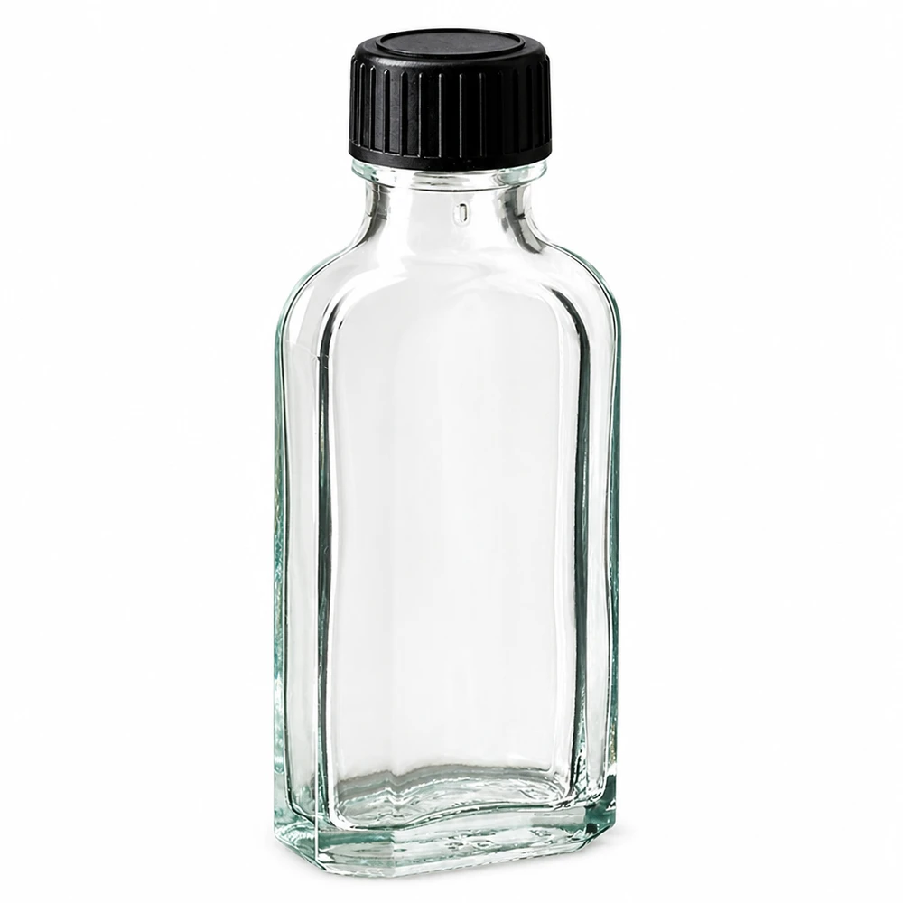 Tampa de rosca transparente Meplat de 50 ml com disco de vedação LKD Frasco de vidro Meplat transparente de 50 ml com tampa de rosca preta e anel de vedação LKD