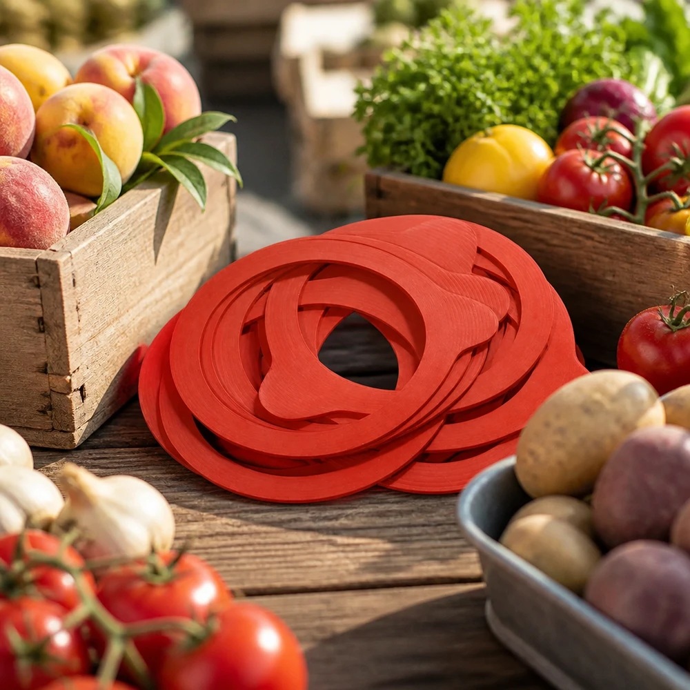 Anel de vedação em borracha natural RR80 Einkochring RR80 Naturgummi rot auf rustikalem Holztisch mit frischem Obst Gemüse Marktstand Atmosphäre Einkochen