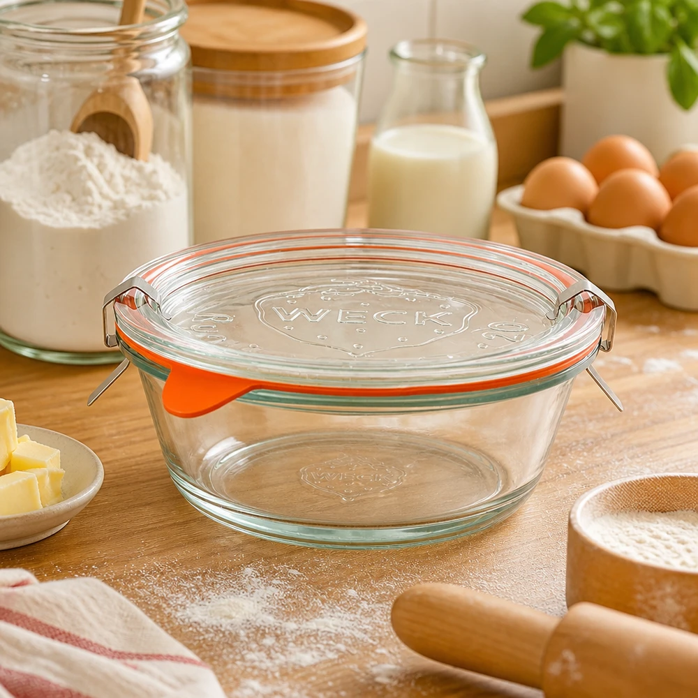 Frasco gourmet WECK 300ml RR120 na cozinha com ingredientes de pastelaria, farinha, ovos e leite, frasco de cozinha versátil