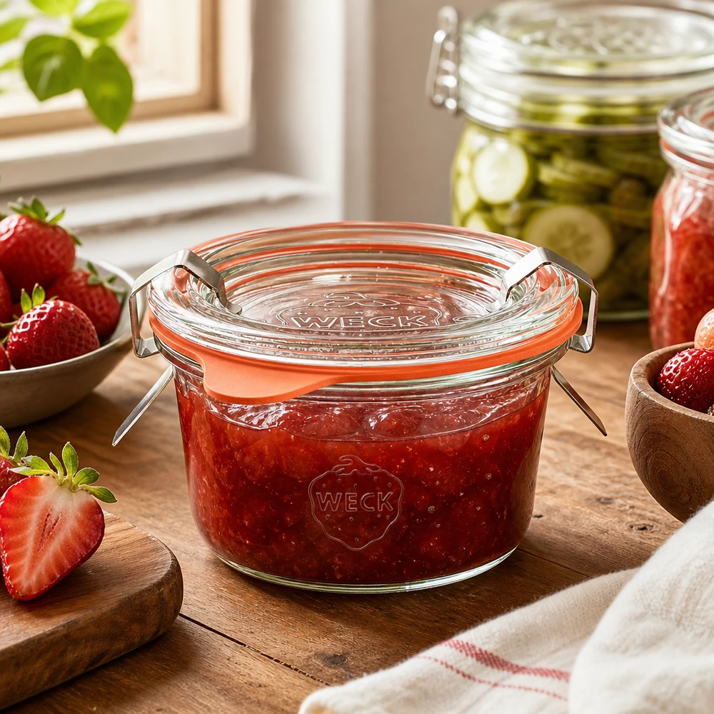 Copos WECK RR60 de 50 ml na cozinha, cheios de compota de morango caseira, ao lado de morangos frescos numa tábua de madeira