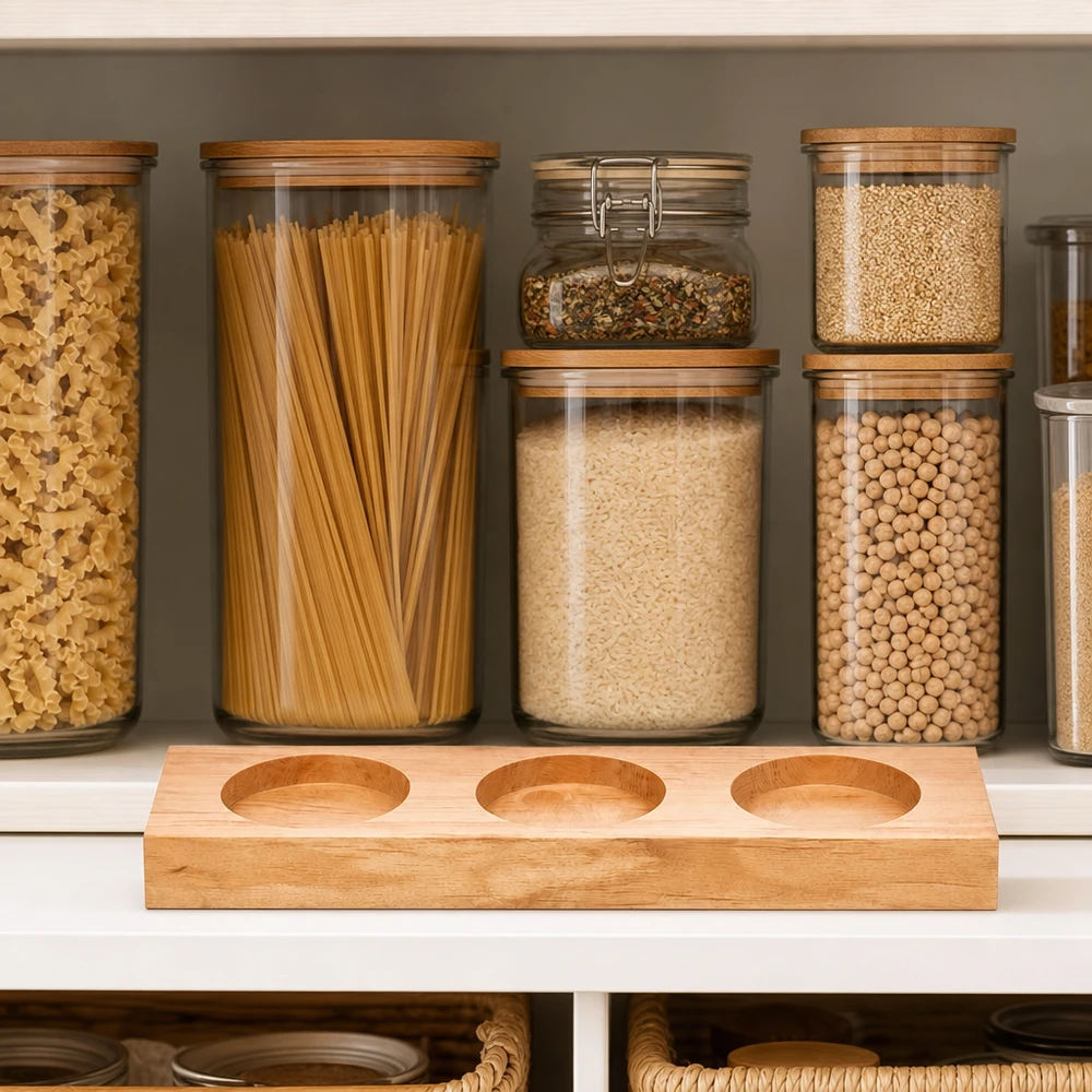 Tábua de servir Plano3 para 3 copos WECK Tábua de servir Plano3 para frascos WECK em cozinha de arrumação organizada com massas e legumes em frascos de arrumação