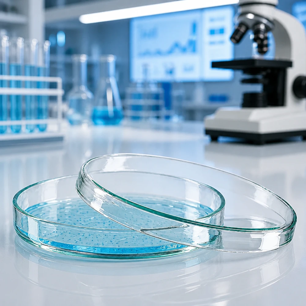 Duas placas de Petri de vidro de 100 x 15 mm com meio azul num laboratório de investigação moderno