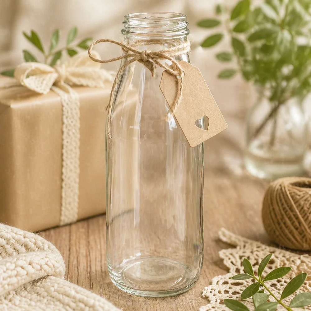 Garrafa de vidro de 500 ml TO48 UNiTWIST vazia com etiqueta de papel kraft e cordão de juta decorado como embalagem de oferta