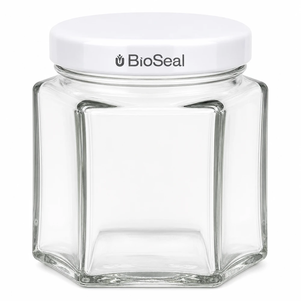 Frasco hexa de 47 ml com tampa BioSeal branca UNiTWIST