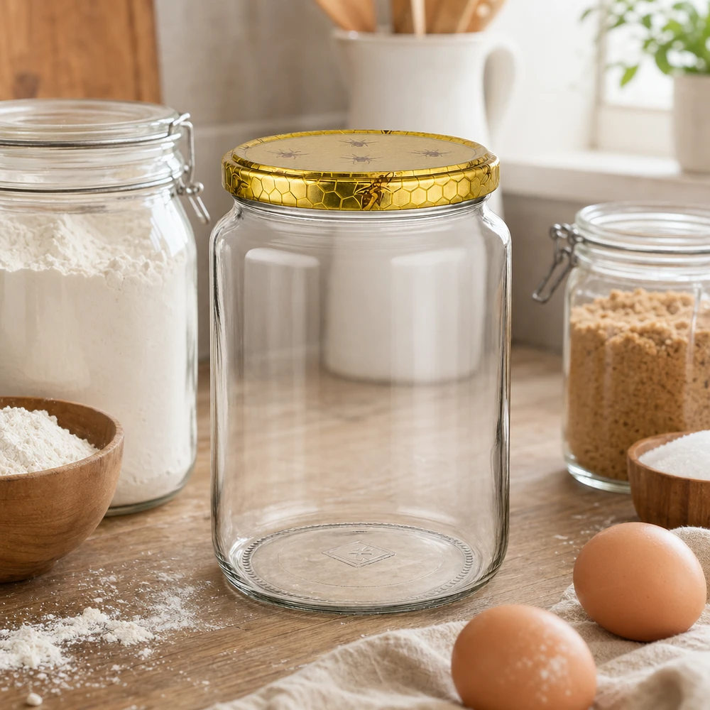 1000g Honigglas mit Bienenwabe Deckel BasicSeal UNiTWIST Frasco de mel de 1000 g com tampa em forma de favo de mel ao lado de farinha, ovos e ingredientes de pastelaria numa bancada de madeira Cena de cozinha Apicultura