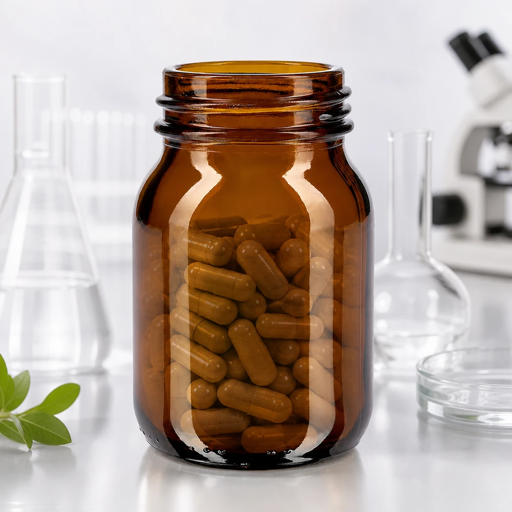 Frasco de vidro âmbar de gargalo largo de 75ml com acabamento de gargalo DIN 40 Frasco de farmácia compacto de 75 ml em vidro âmbar com abertura larga para medicamentos