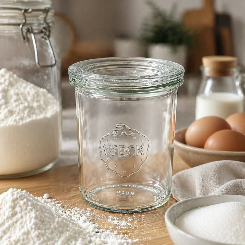Frasco de cozinha rústico vazio WECK 160ml RR60 com farinha, ovos e leite para conservação e armazenamento